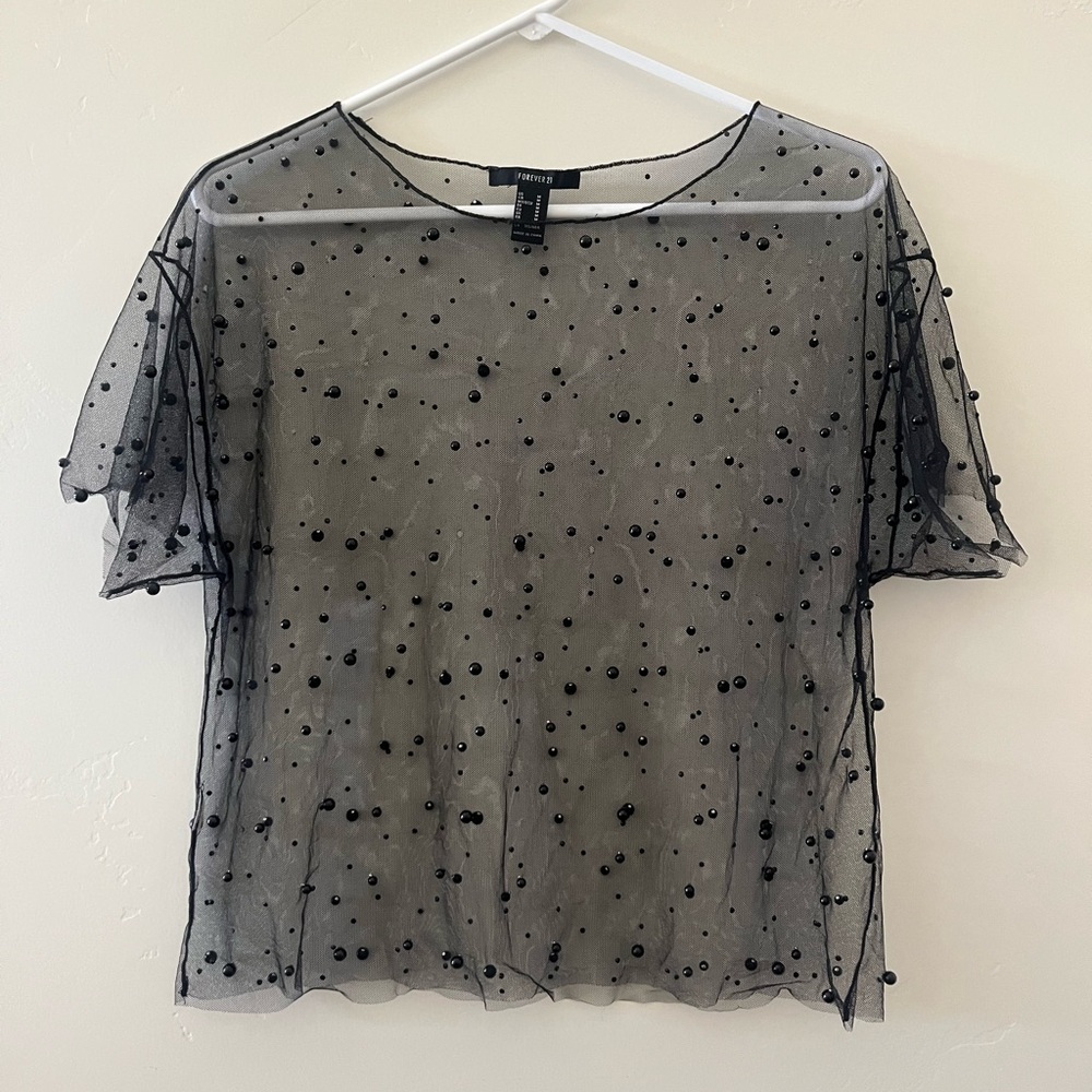 Cropped mesh beaded black shirt